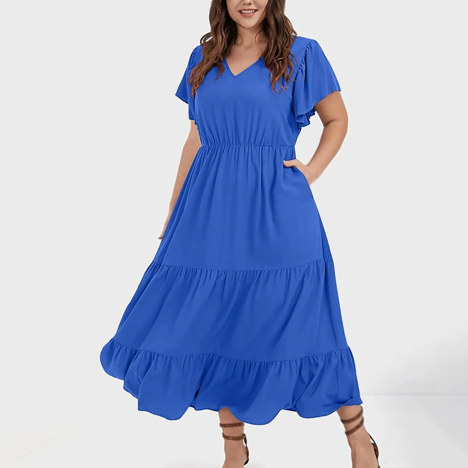 Women Plus Size Summer Midi Dress Tiered Casual Short Sleeve V Neck Loose Swing Dresses with Ruffle Sleeve and Pocket