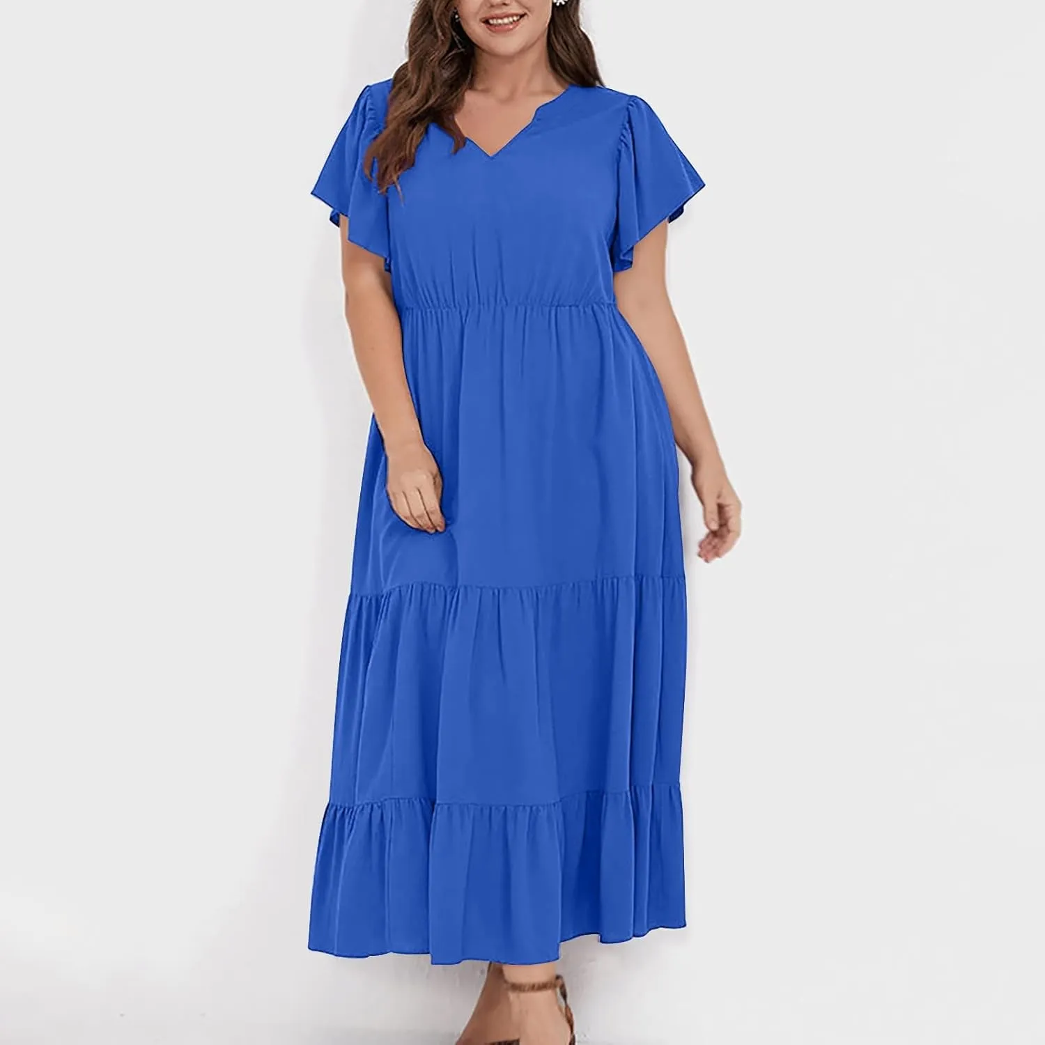 Women Plus Size Summer Midi Dress Tiered Casual Short Sleeve V Neck Loose Swing Dresses with Ruffle Sleeve and Pocket