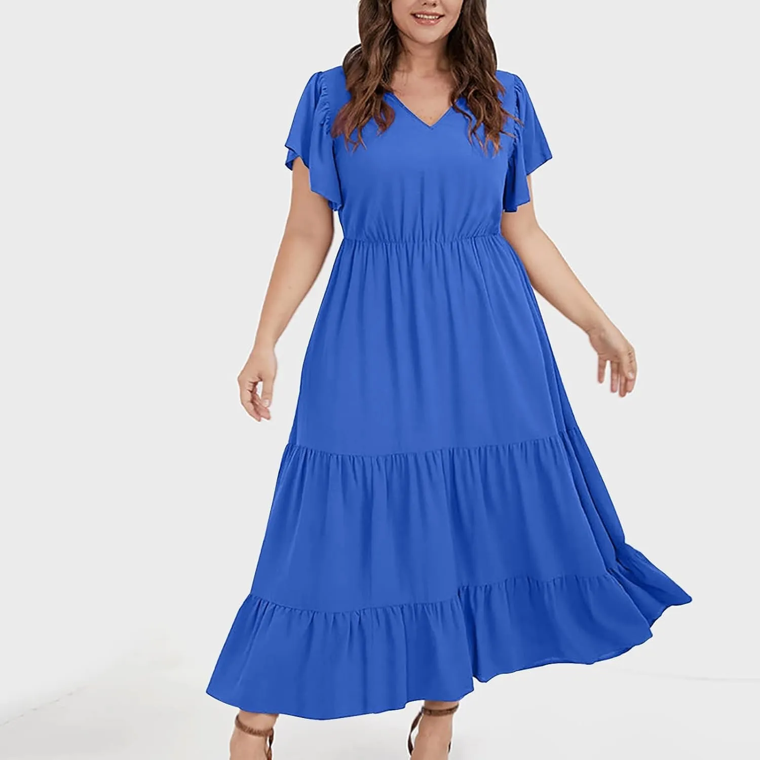Women Plus Size Summer Midi Dress Tiered Casual Short Sleeve V Neck Loose Swing Dresses with Ruffle Sleeve and Pocket