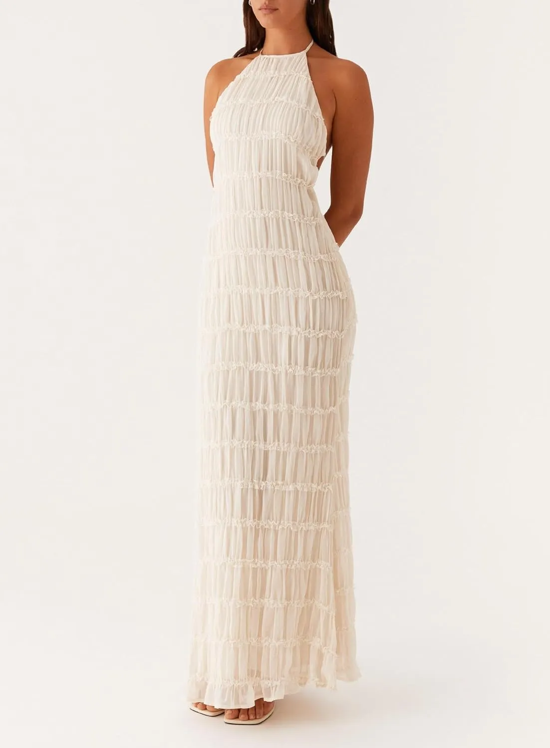 Women Sleeveless Tiered Halter Maxi Dress Backless Smocked Ruffle Long Dress Boho Bodycon Cocktail Sundress 2025 Summer