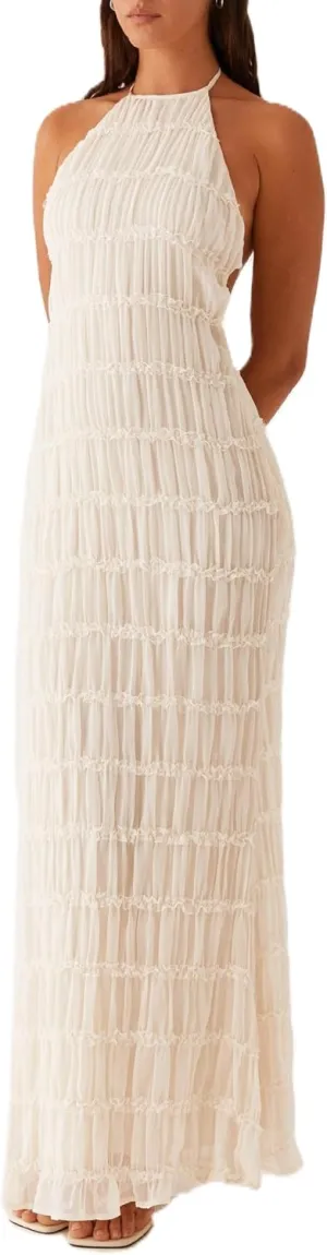 Women Sleeveless Tiered Halter Maxi Dress Backless Smocked Ruffle Long Dress Boho Bodycon Cocktail Sundress 2025 Summer