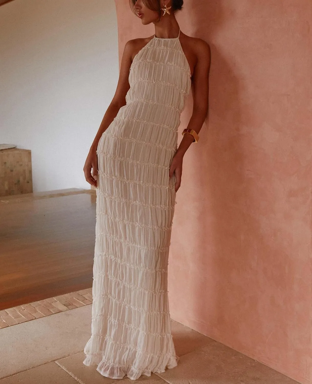 Women Sleeveless Tiered Halter Maxi Dress Backless Smocked Ruffle Long Dress Boho Bodycon Cocktail Sundress 2025 Summer