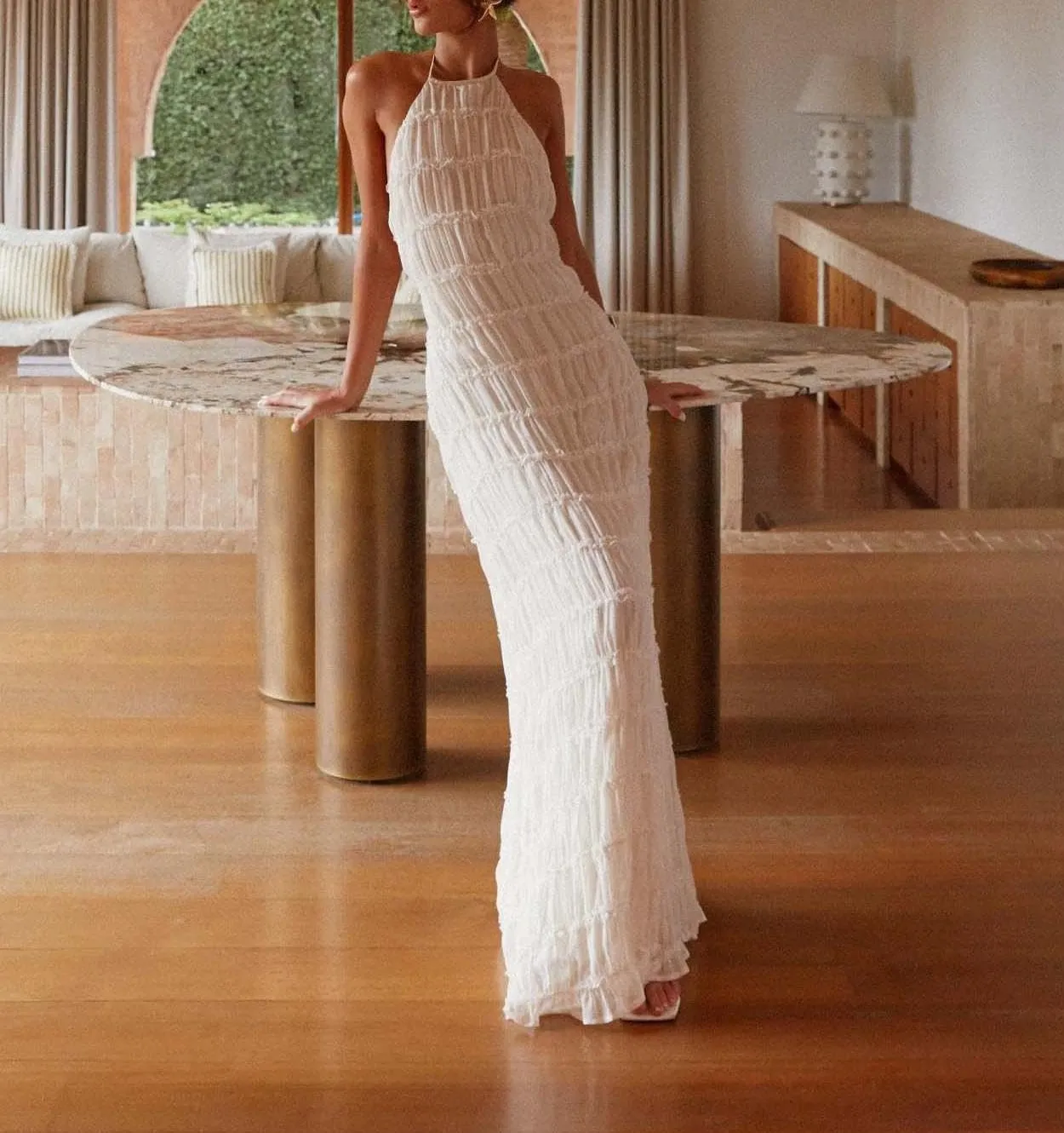 Women Sleeveless Tiered Halter Maxi Dress Backless Smocked Ruffle Long Dress Boho Bodycon Cocktail Sundress 2025 Summer