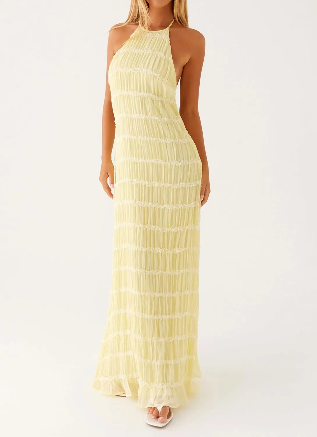 Women Sleeveless Tiered Halter Maxi Dress Backless Smocked Ruffle Long Dress Boho Bodycon Cocktail Sundress 2025 Summer