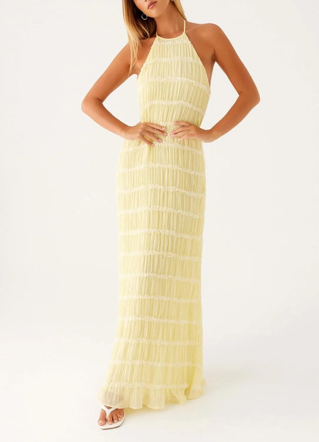 Women Sleeveless Tiered Halter Maxi Dress Backless Smocked Ruffle Long Dress Boho Bodycon Cocktail Sundress 2025 Summer