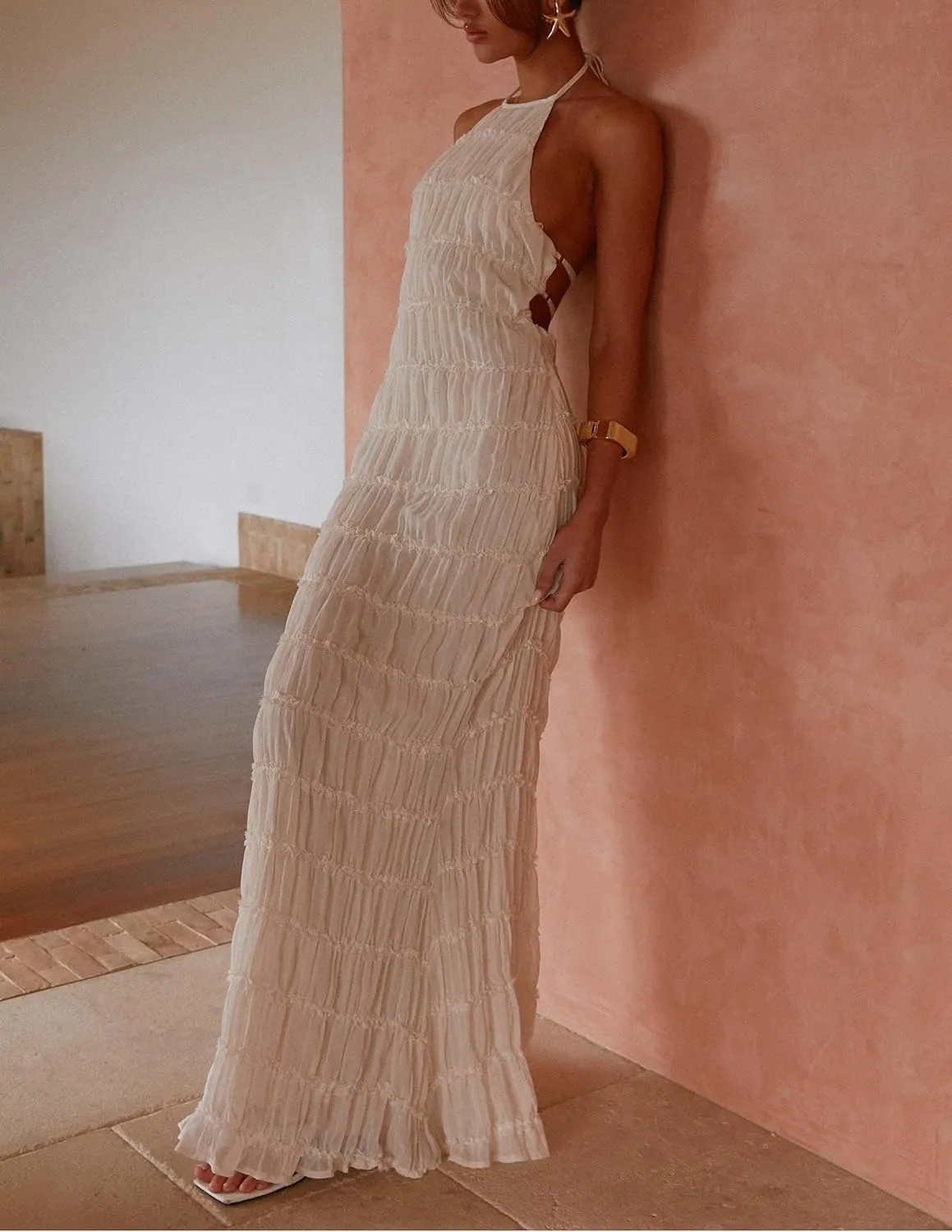 Women Sleeveless Tiered Halter Maxi Dress Backless Smocked Ruffle Long Dress Boho Bodycon Cocktail Sundress 2025 Summer
