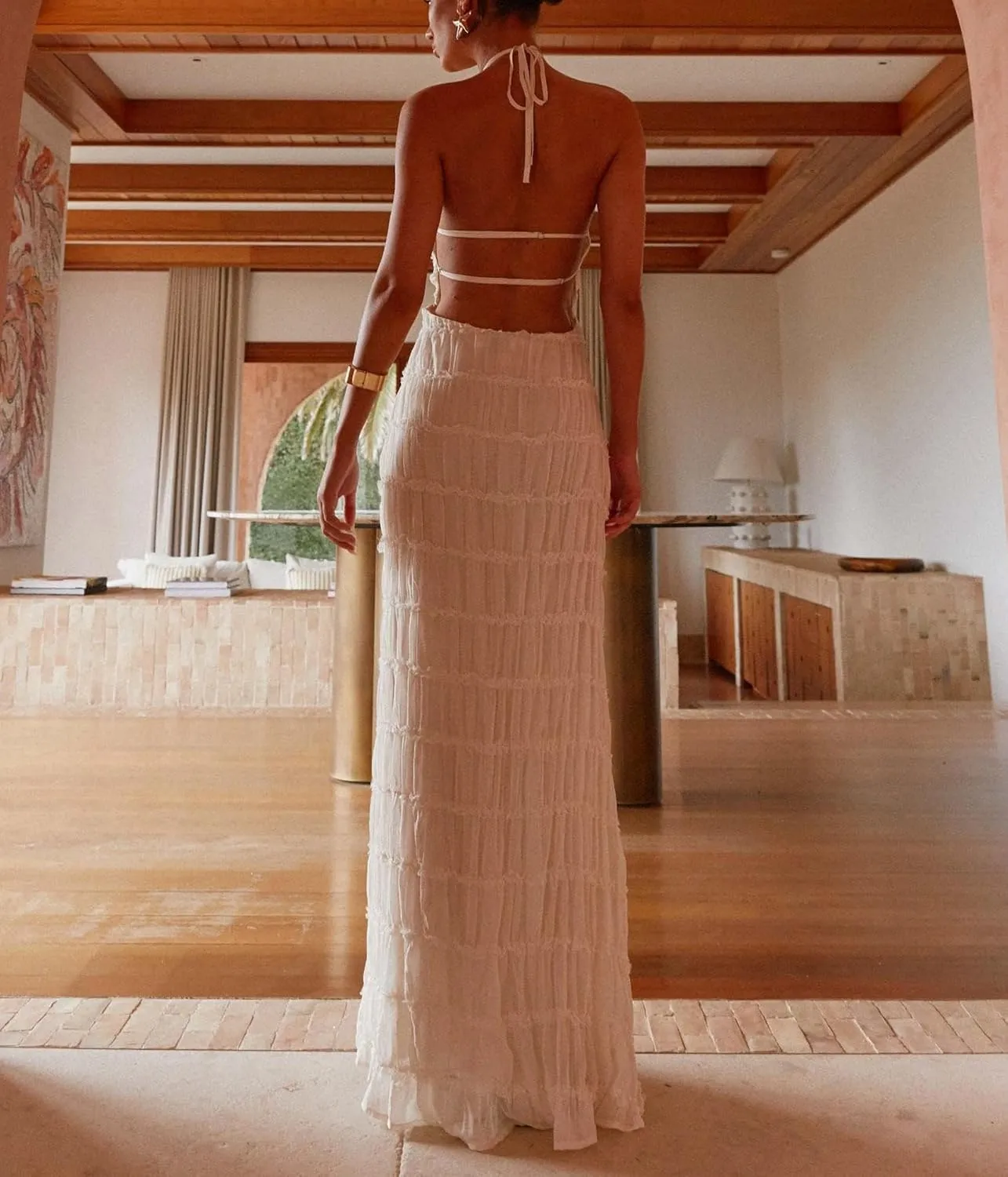 Women Sleeveless Tiered Halter Maxi Dress Backless Smocked Ruffle Long Dress Boho Bodycon Cocktail Sundress 2025 Summer