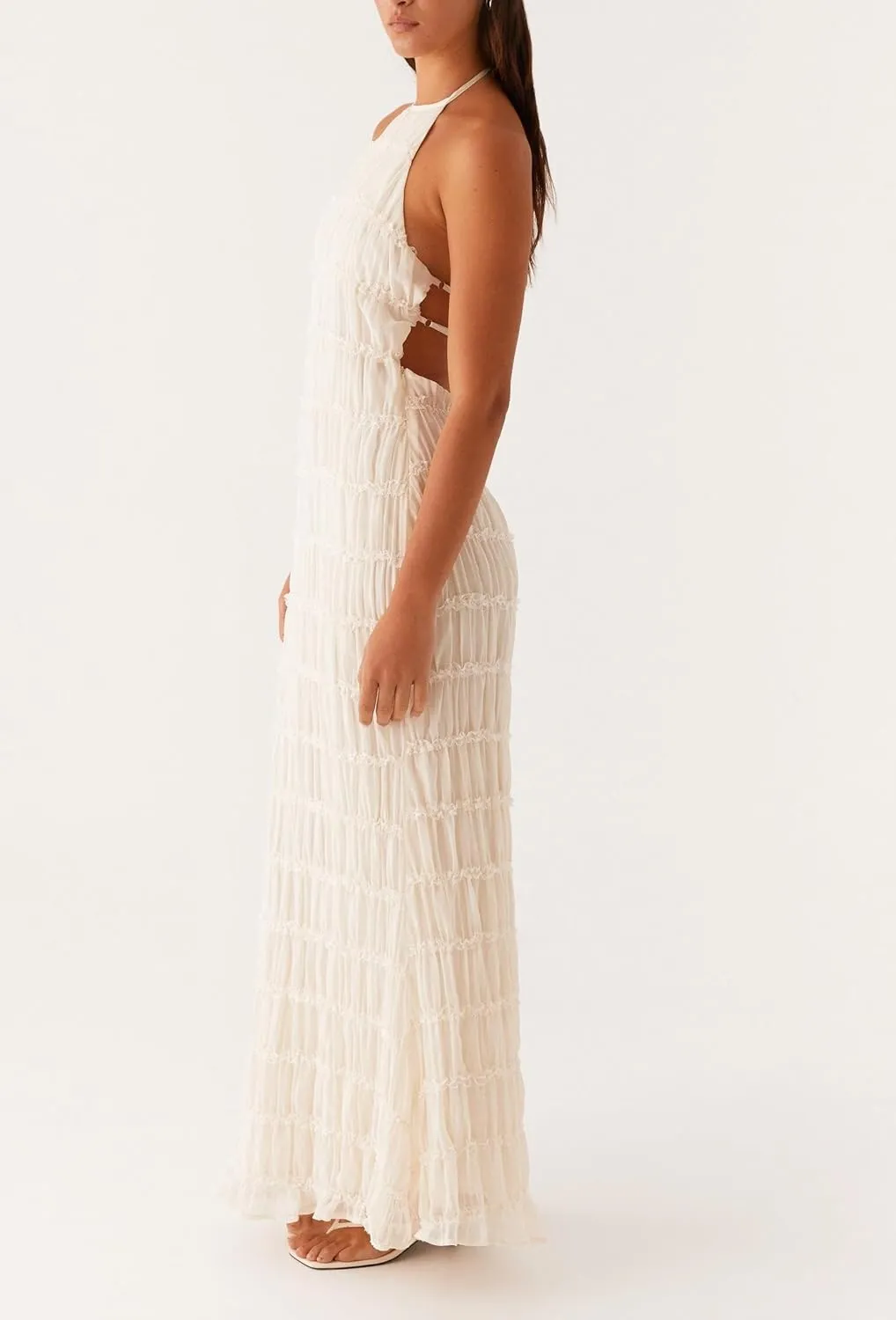 Women Sleeveless Tiered Halter Maxi Dress Backless Smocked Ruffle Long Dress Boho Bodycon Cocktail Sundress 2025 Summer
