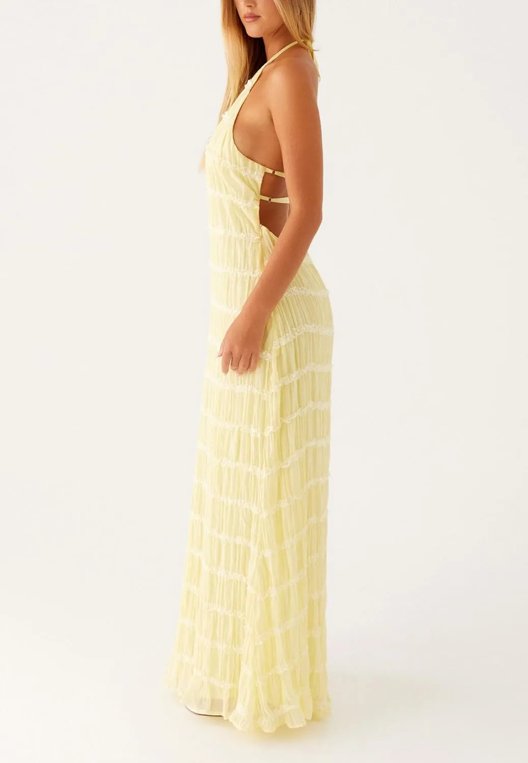 Women Sleeveless Tiered Halter Maxi Dress Backless Smocked Ruffle Long Dress Boho Bodycon Cocktail Sundress 2025 Summer