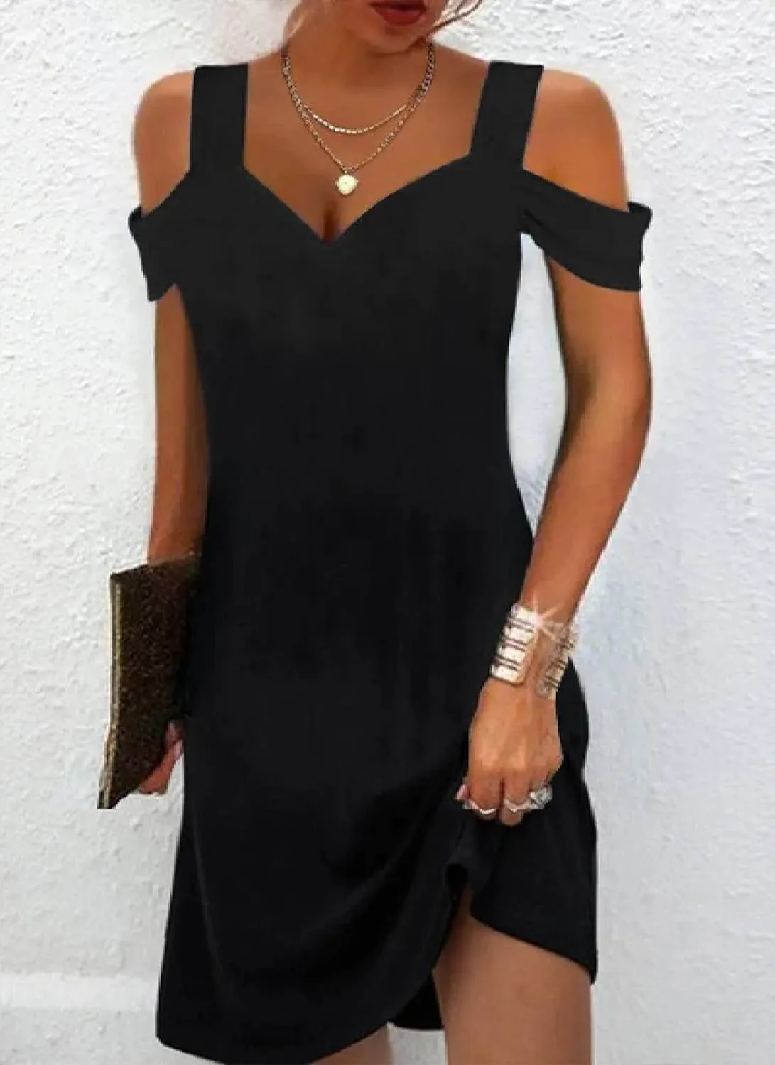 Women Summer 2025 Fashion Sexy Black Plain Straps Short Sleeve A-Line Classic Simple Business Party Mini Dress