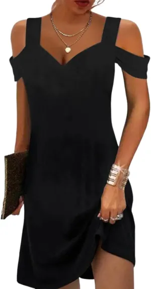 Women Summer 2025 Fashion Sexy Black Plain Straps Short Sleeve A-Line Classic Simple Business Party Mini Dress