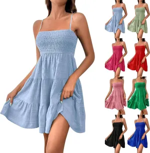 Women Summer Dresses Square Neck Spaghetti Strap Dress Casual Sleeveless Smocked Sundress A Line Tiered Beach Dress