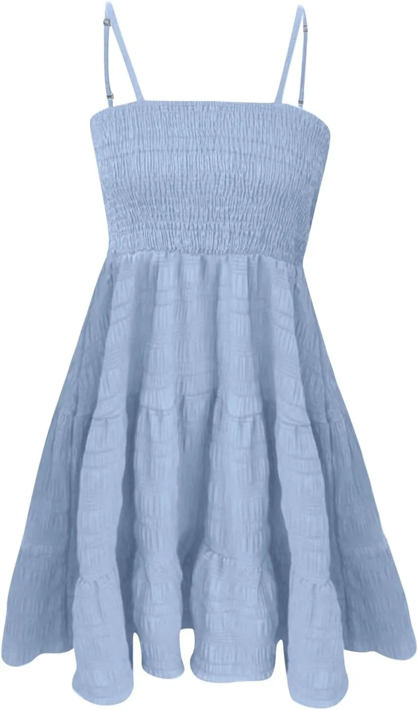 Women Summer Dresses Square Neck Spaghetti Strap Dress Casual Sleeveless Smocked Sundress A Line Tiered Beach Dress
