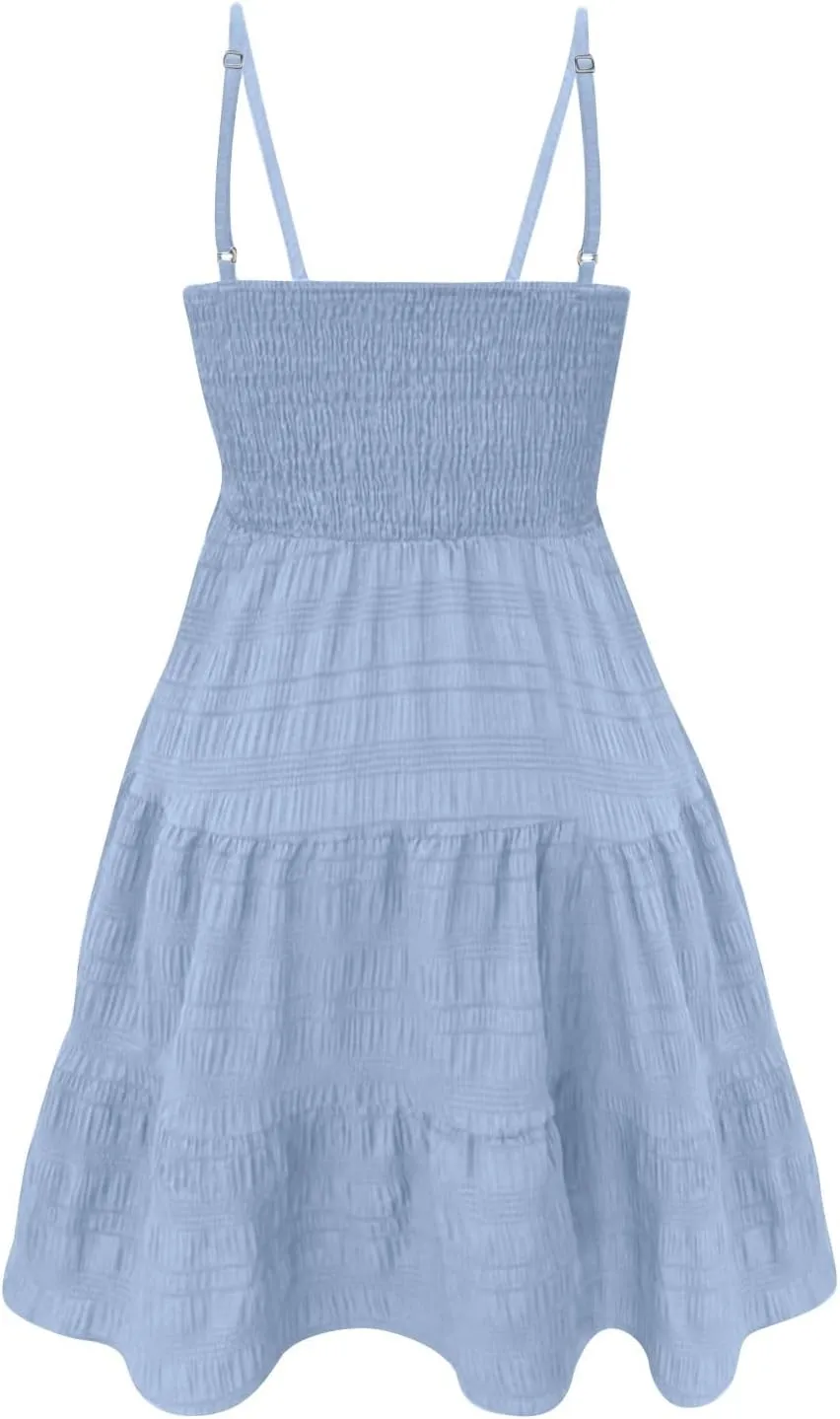 Women Summer Dresses Square Neck Spaghetti Strap Dress Casual Sleeveless Smocked Sundress A Line Tiered Beach Dress