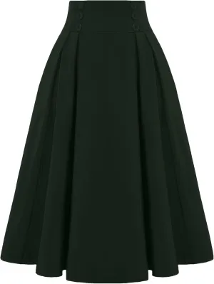 Women Vintage A-Line Skirt High Waist Pleated Skirt Button Decor Midi Flared Skirts