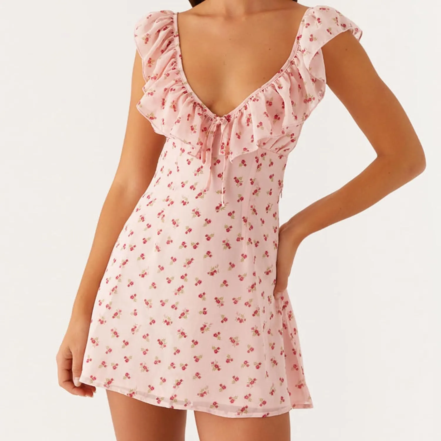 Women Y2K Floral Bodycon Mini Dress Summer Sleeveless Backless Tie-up Ruffle V-Neck Coquette Sundresses