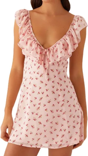 Women Y2K Floral Bodycon Mini Dress Summer Sleeveless Backless Tie-up Ruffle V-Neck Coquette Sundresses