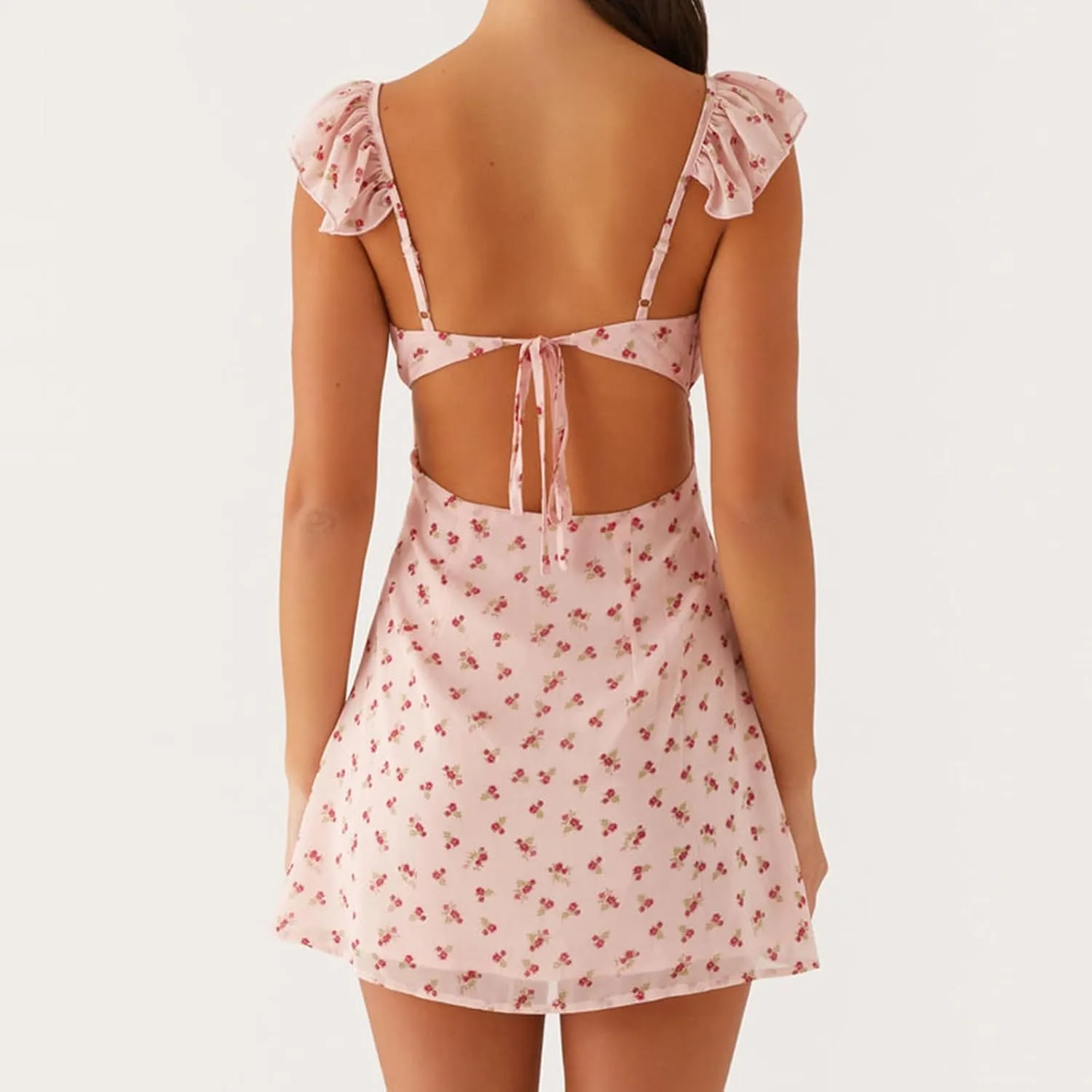 Women Y2K Floral Bodycon Mini Dress Summer Sleeveless Backless Tie-up Ruffle V-Neck Coquette Sundresses