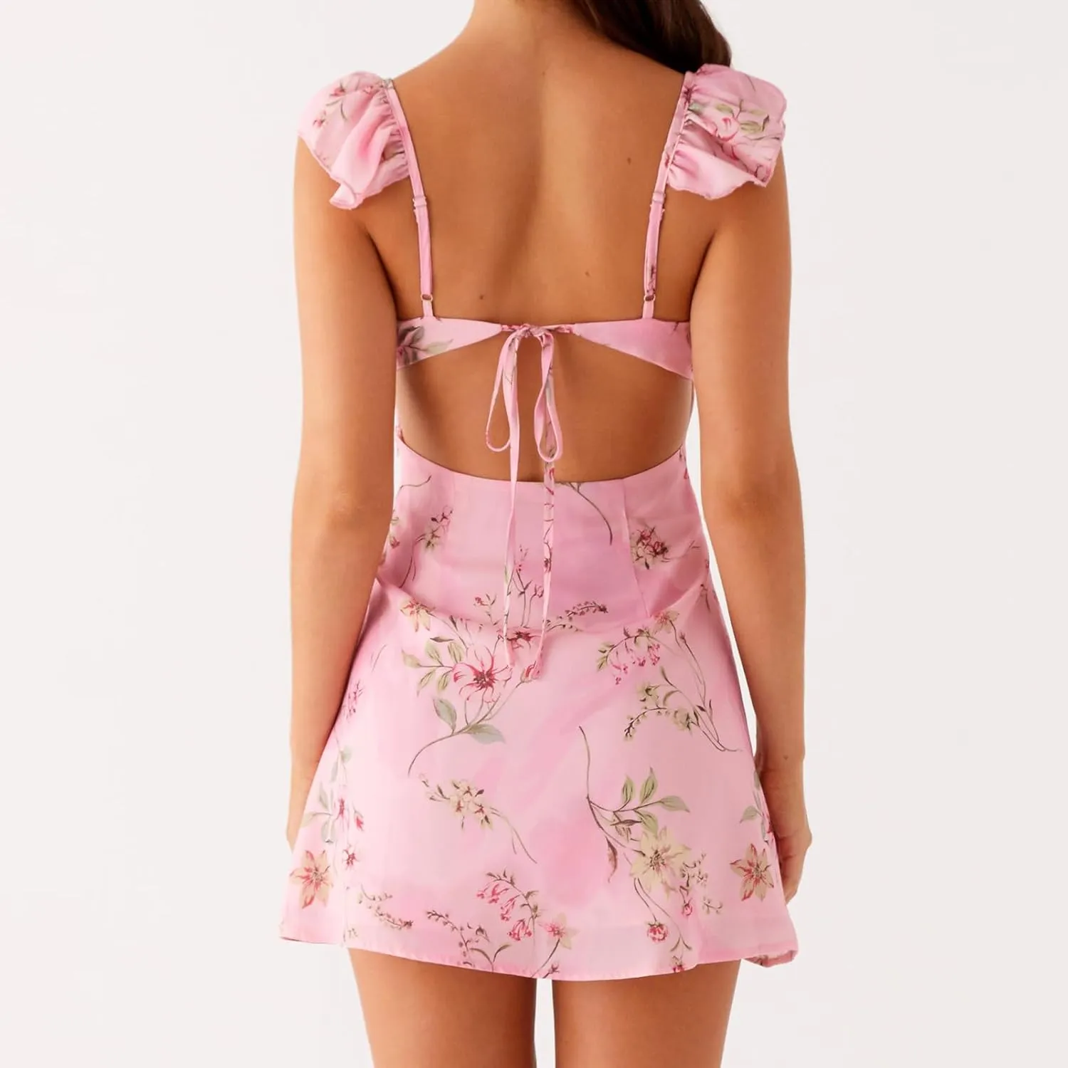 Women Y2K Floral Bodycon Mini Dress Summer Sleeveless Backless Tie-up Ruffle V-Neck Coquette Sundresses