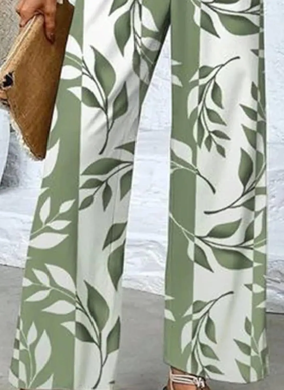 Women's 2 Piece Outfits Green Sleeveless Double Layer Top and Leaf Print Wide Leg Pants Lounge Sets 2025 Summer Trendy