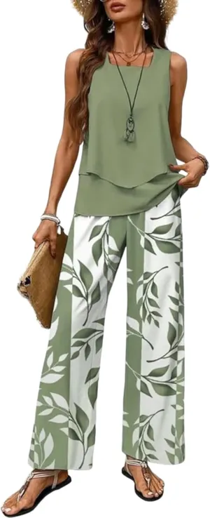 Women's 2 Piece Outfits Green Sleeveless Double Layer Top and Leaf Print Wide Leg Pants Lounge Sets 2025 Summer Trendy