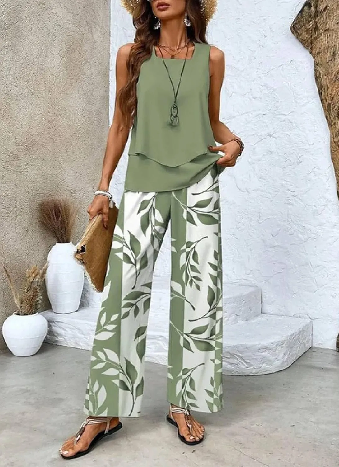 Women's 2 Piece Outfits Green Sleeveless Double Layer Top and Leaf Print Wide Leg Pants Lounge Sets 2025 Summer Trendy