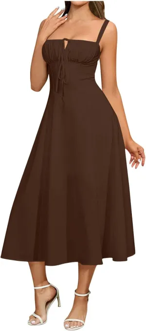 Women's 2025 Summer Cotton Linen Boho Midi Dresses Womens Suspender Lace-Up Dress Sexy Wrap A-Line Gown Flowy Hem
