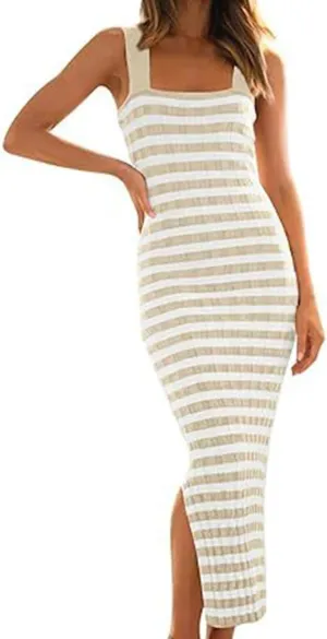 Women's 2025 Summer Spring Bodycon Midi Dress Vacation Sleeveless Ribbed Knit Striped Party Sweater Dresses