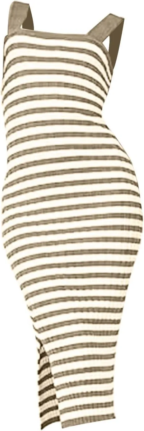 Women's 2025 Summer Spring Bodycon Midi Dress Vacation Sleeveless Ribbed Knit Striped Party Sweater Dresses