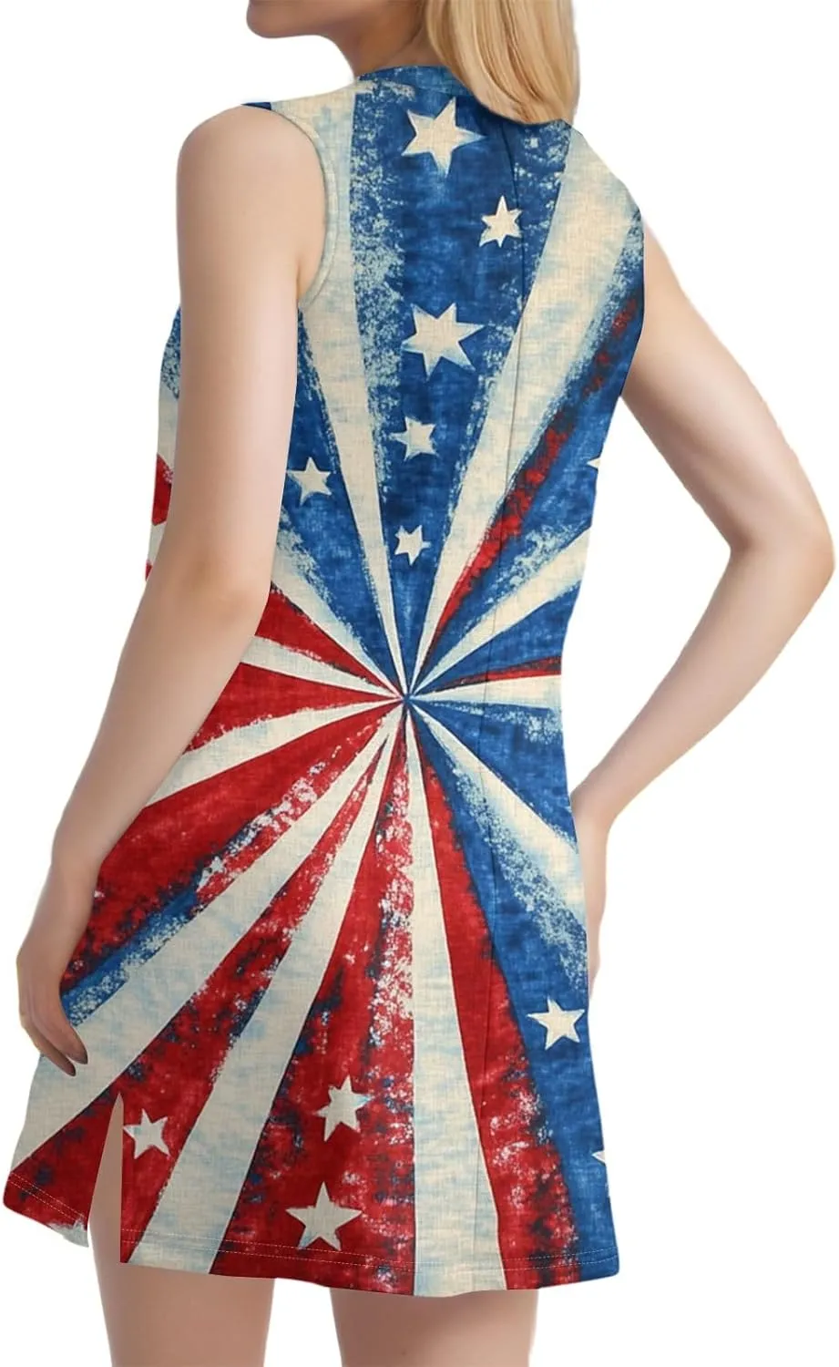 Womens 4th of July Clothing Patriotic V-Neck Summer Casual Beach Vacation Sleeveless Independence Day Print Sundress