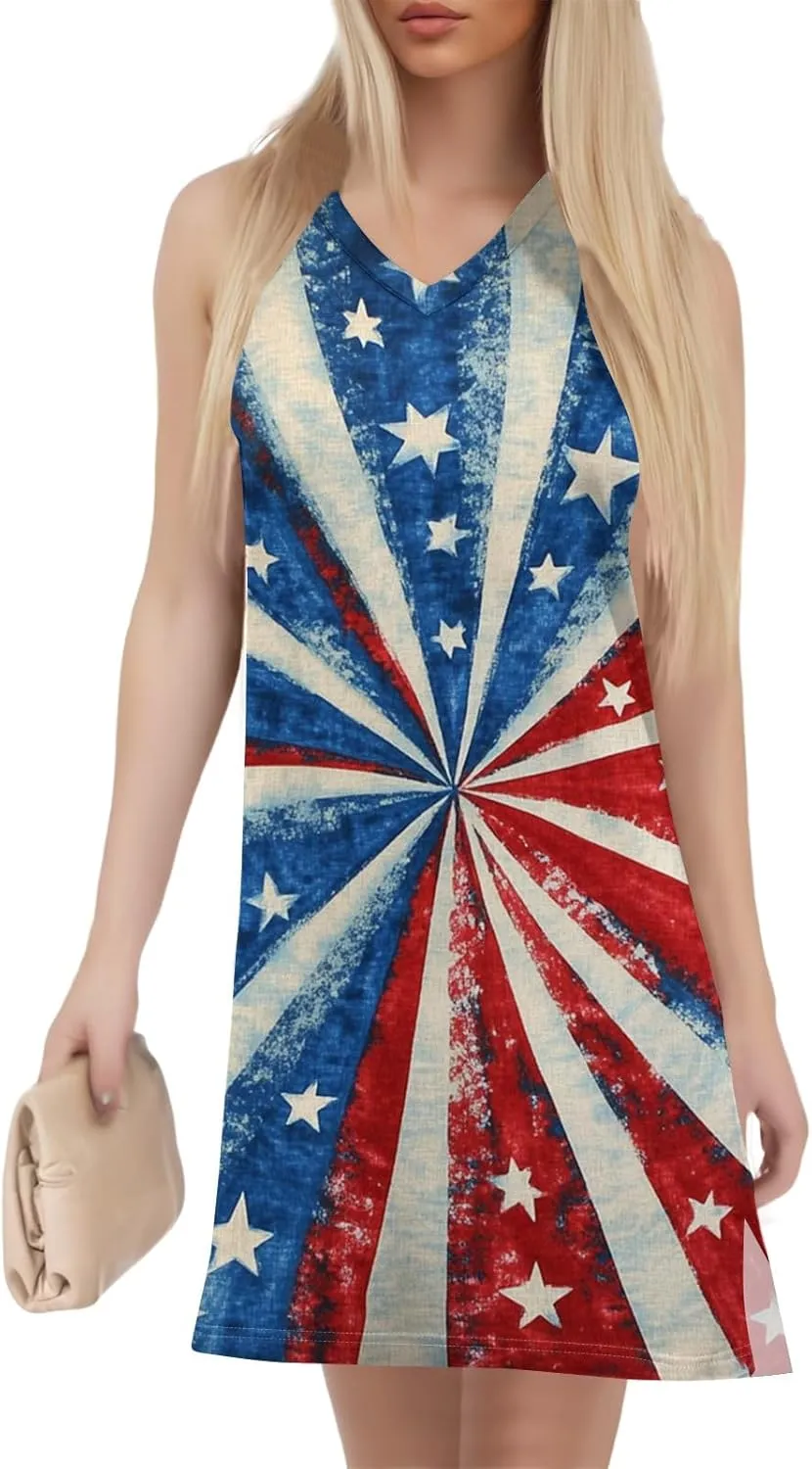 Womens 4th of July Clothing Patriotic V-Neck Summer Casual Beach Vacation Sleeveless Independence Day Print Sundress