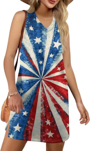 Womens 4th of July Clothing Patriotic V-Neck Summer Casual Beach Vacation Sleeveless Independence Day Print Sundress