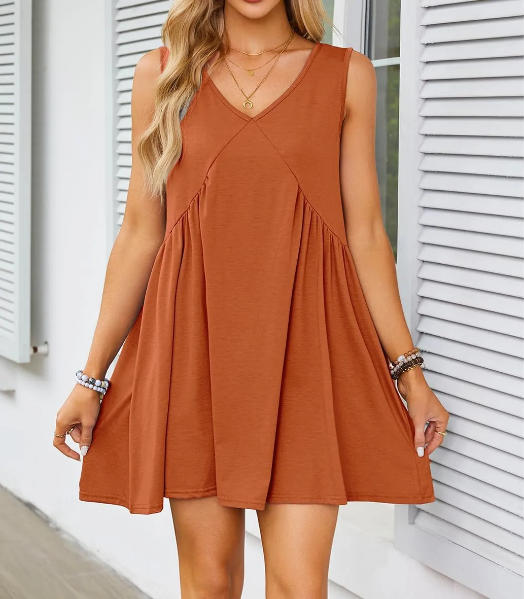 Womens Babydoll Dress Summer Sleeveless Mini Dress Casual Loose V Neck Swing Flowy Beach Sundresses with Pockets