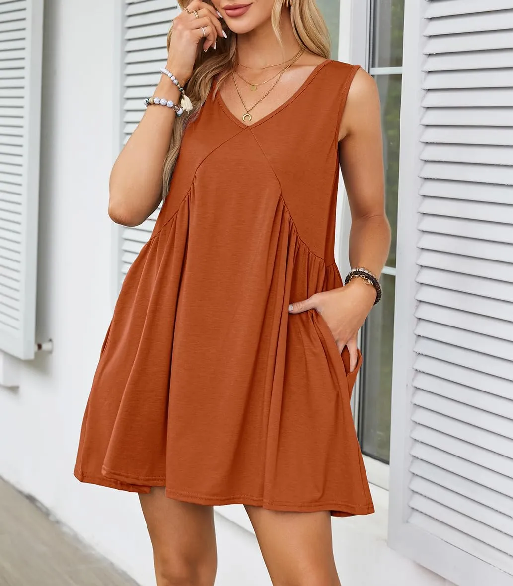 Womens Babydoll Dress Summer Sleeveless Mini Dress Casual Loose V Neck Swing Flowy Beach Sundresses with Pockets