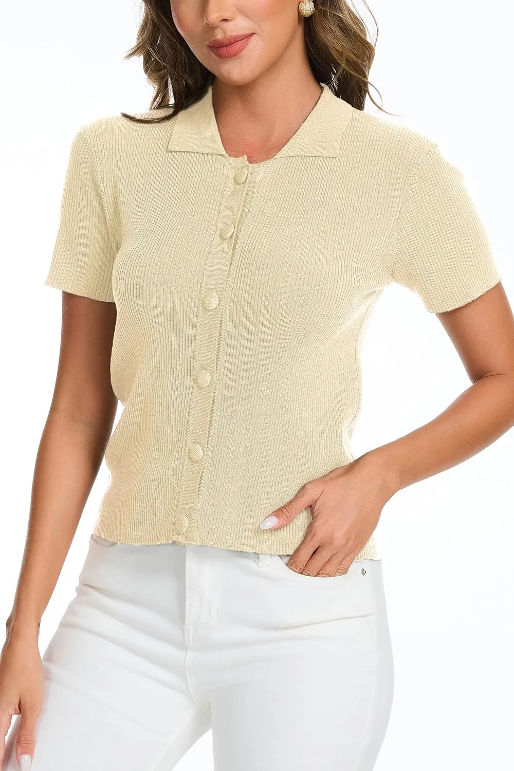 Women's Button Down Short Sleeve Polo T Shirts Ribbed Knit Slim Fitted Basic Summer Top