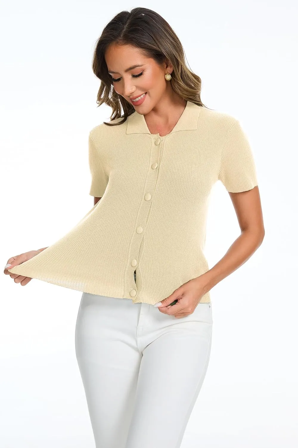 Women's Button Down Short Sleeve Polo T Shirts Ribbed Knit Slim Fitted Basic Summer Top