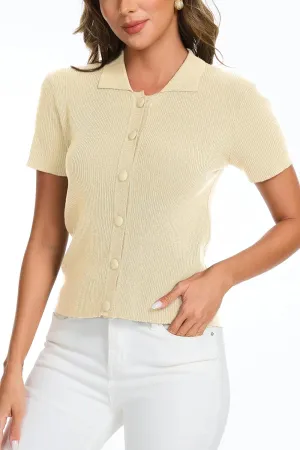 Women's Button Down Short Sleeve Polo T Shirts Ribbed Knit Slim Fitted Basic Summer Top