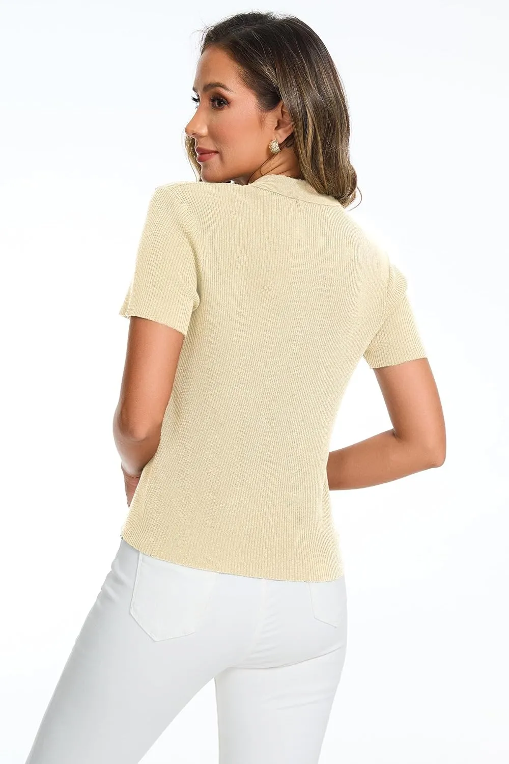 Women's Button Down Short Sleeve Polo T Shirts Ribbed Knit Slim Fitted Basic Summer Top