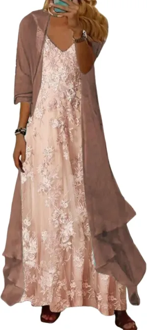 Women's Casual 2 Piece Set 2025 Flowy Summer Outfits Floral Print Maxi Dress with Jacket Loose Irregular Hem Dresses