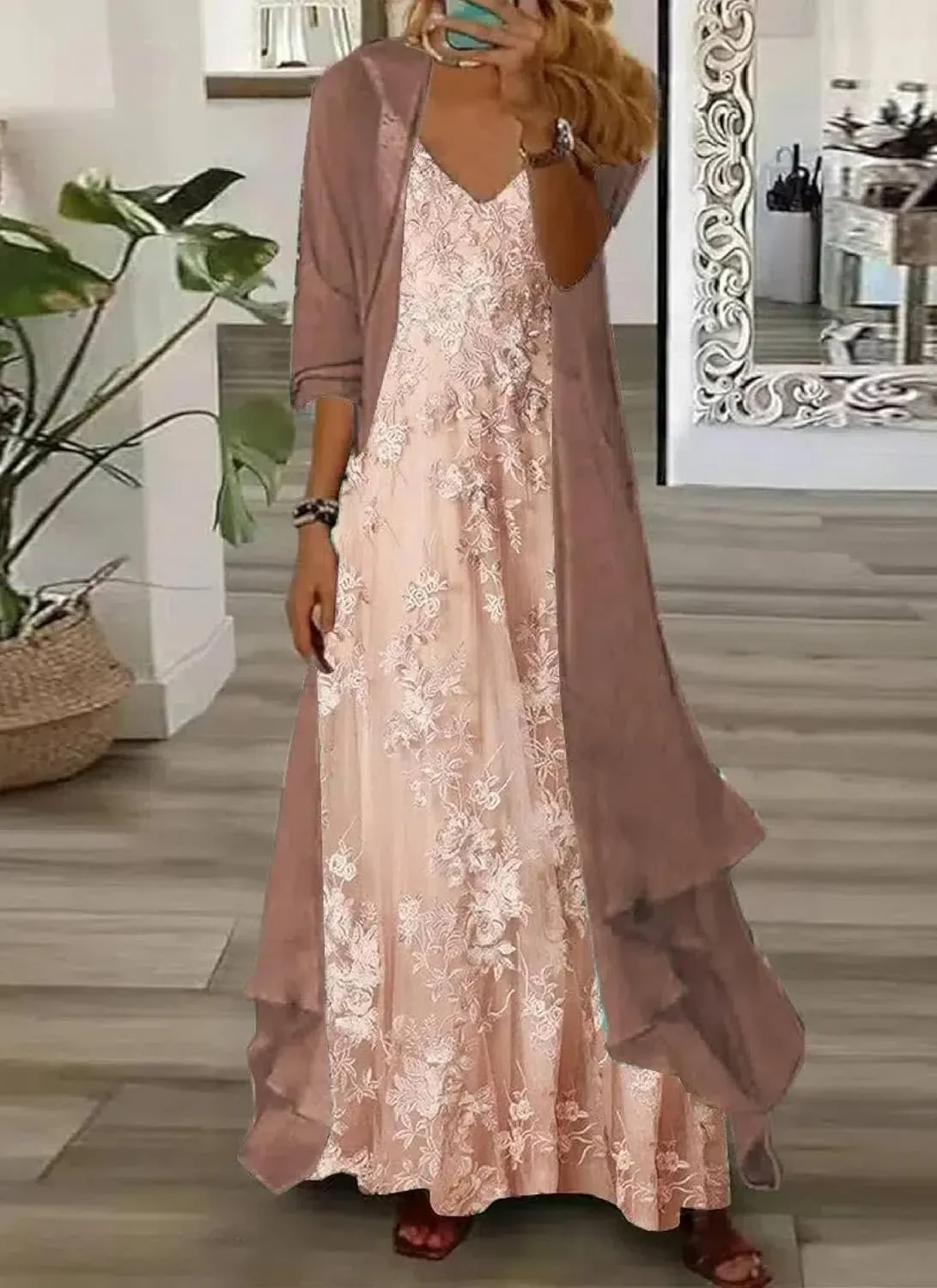 Women's Casual 2 Piece Set 2025 Flowy Summer Outfits Floral Print Maxi Dress with Jacket Loose Irregular Hem Dresses