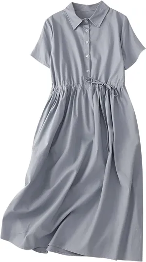 Women's Collared Short-Sleeve Button Front Tie Waist Casual Midi Dress Vintage Pleated Flowy Cotton Linen Dresses