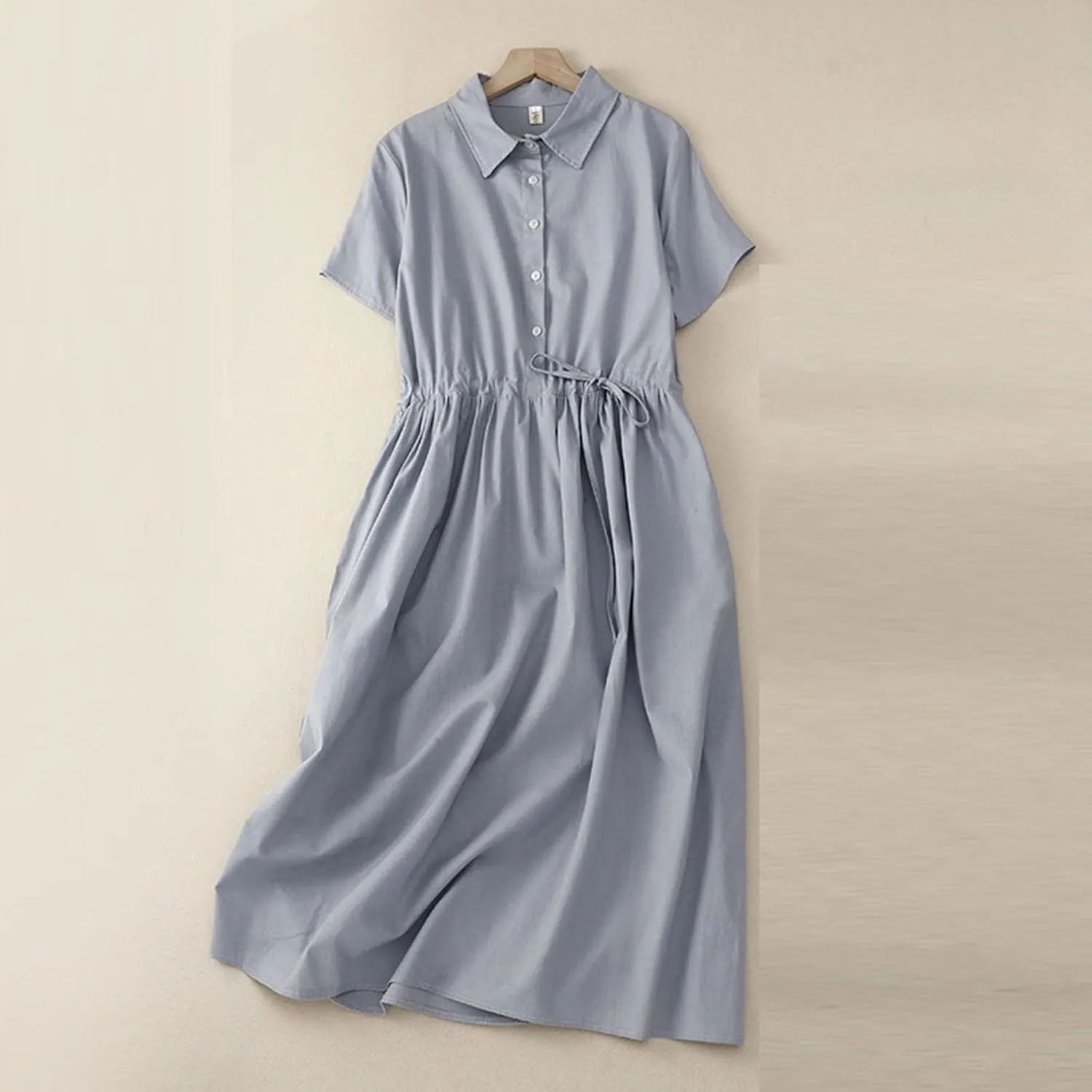 Women's Collared Short-Sleeve Button Front Tie Waist Casual Midi Dress Vintage Pleated Flowy Cotton Linen Dresses