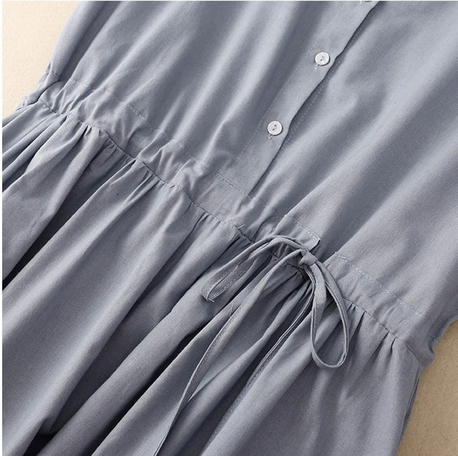 Women's Collared Short-Sleeve Button Front Tie Waist Casual Midi Dress Vintage Pleated Flowy Cotton Linen Dresses