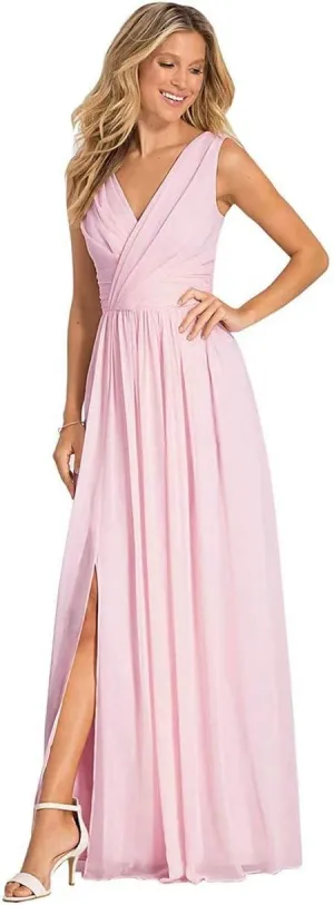 Women's Double V Neck Bridesmaid Dress Open Back Evening Prom Gown Long Chiffon Formal Dress Pink Custom Size