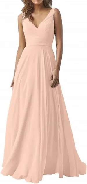 Women's Double V Neck Long Bridesmaid Dress Chiffon Wedding Evening Gown for Juniors Blush Pink US12
