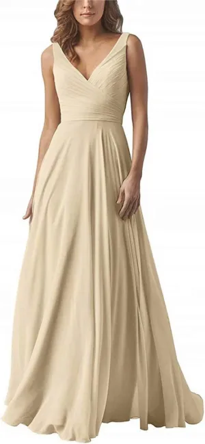 Women's Double V Neck Long Bridesmaid Dress Chiffon Wedding Evening Gown for Juniors Champagne Gold US12