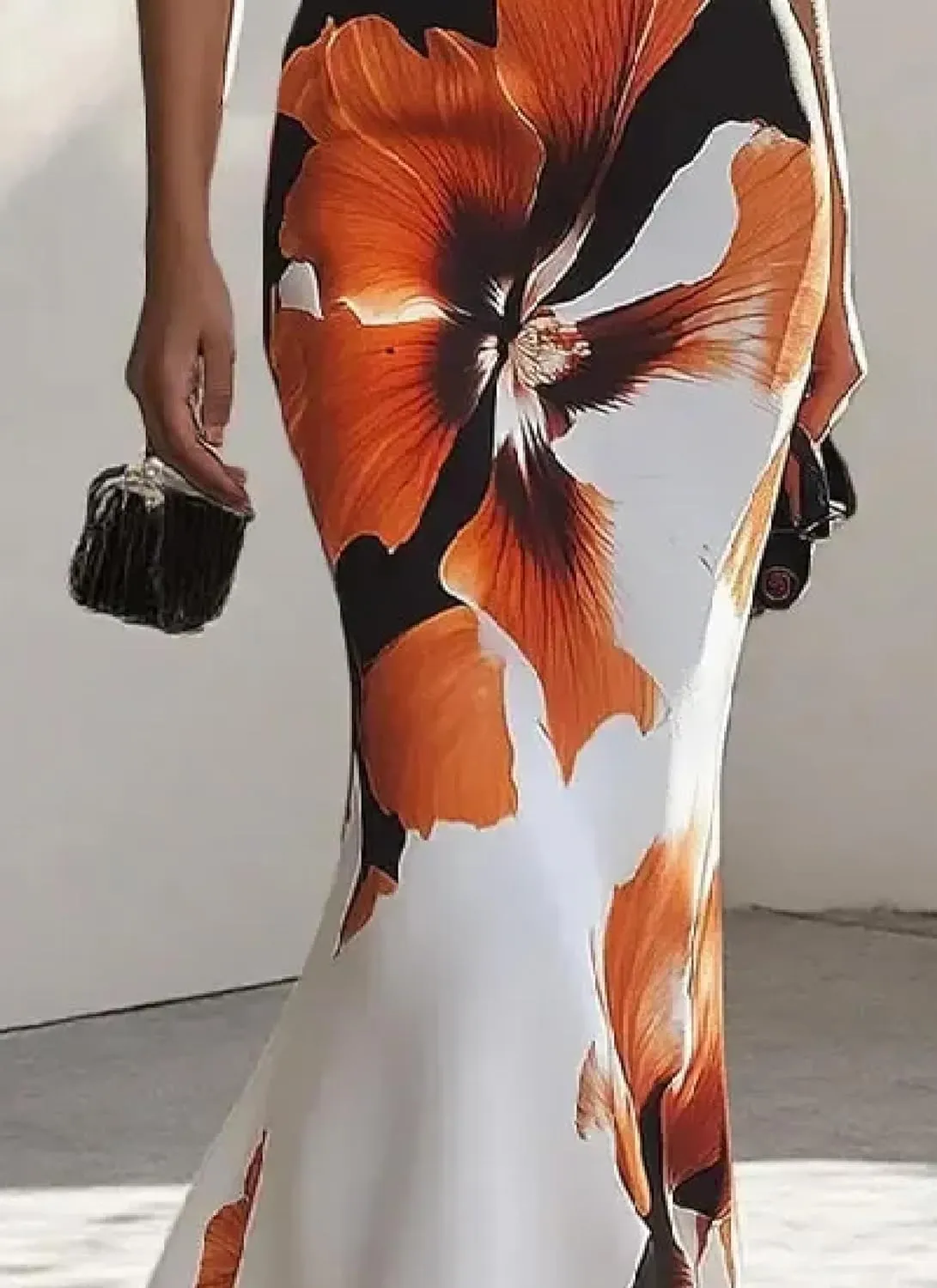 Womens Elegant Floral Print Bodycon Fishtail Maxi Dress Round Neck Sleeveless A-Line Formal Evening Gown
