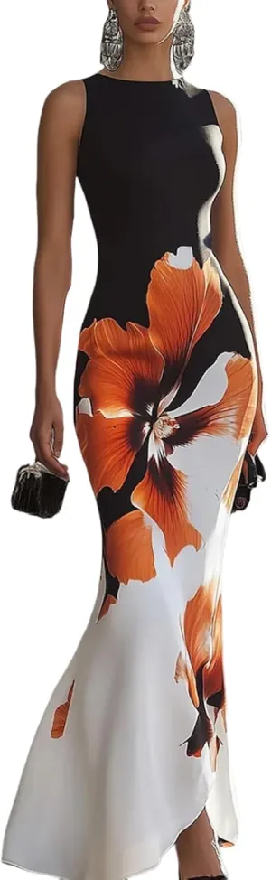 Womens Elegant Floral Print Bodycon Fishtail Maxi Dress Round Neck Sleeveless A-Line Formal Evening Gown