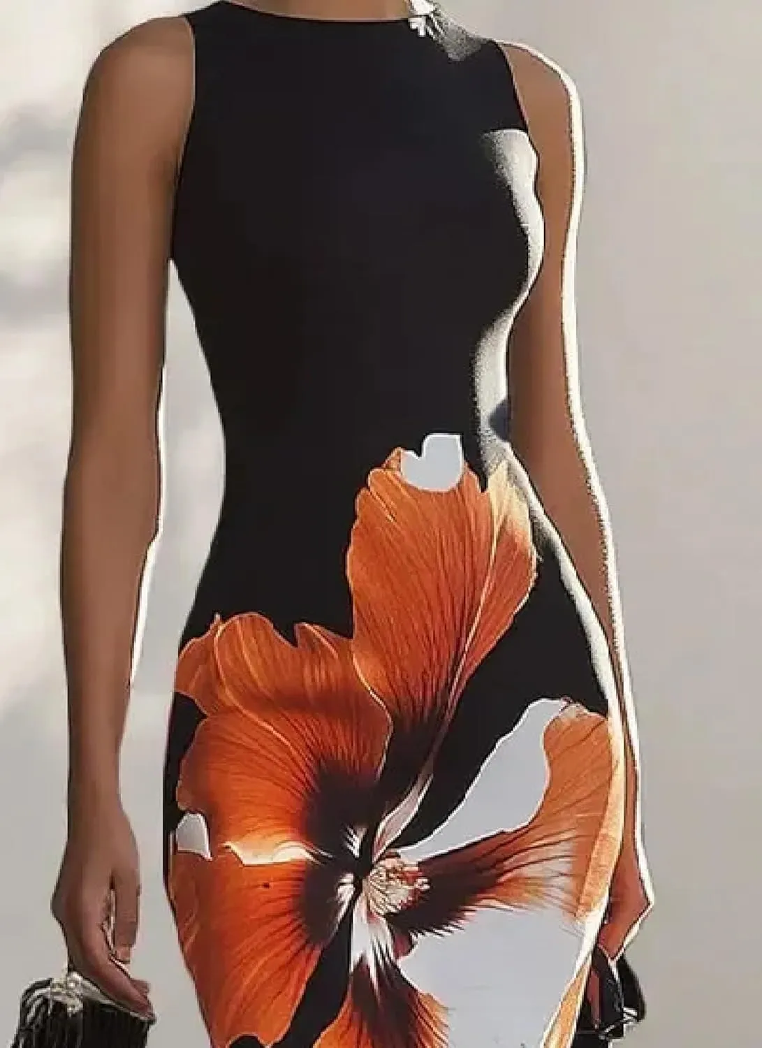 Womens Elegant Floral Print Bodycon Fishtail Maxi Dress Round Neck Sleeveless A-Line Formal Evening Gown