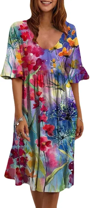 Women's Floral Print Dress Casual Flounces Bell Sleeves Belted Waist Mini Dress Knee Length Summer Beach Sundress